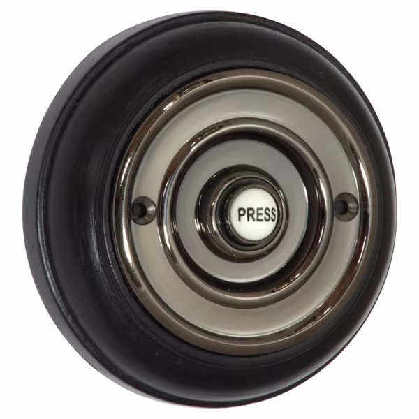 76mm Matt Black Bell Push Mounted on Dark Oak Plinth