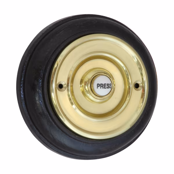 76mm Polished Brass Bell Push Mounted on Dark Oak Plinth