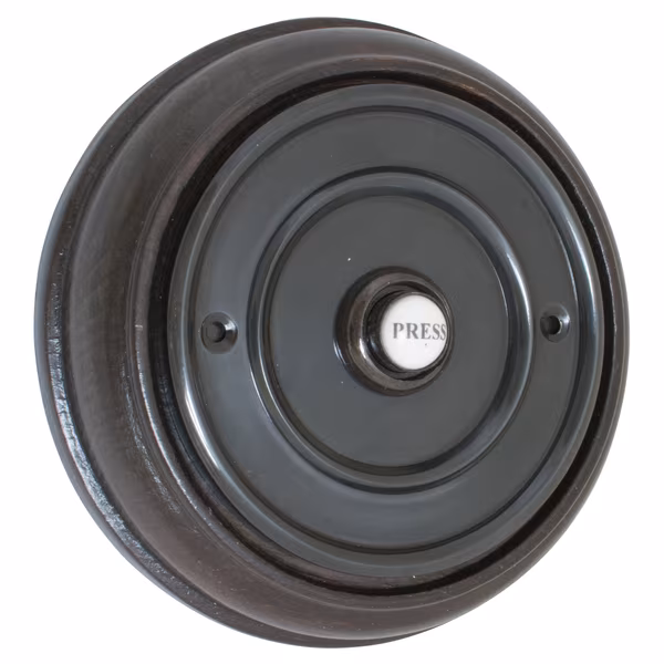 100mm Matt Black Bell Push Mounted on Dark Oak Plinth