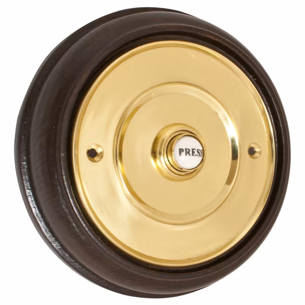 100mm Polished Brass Bell Push Mounted on Dark Oak Plinth