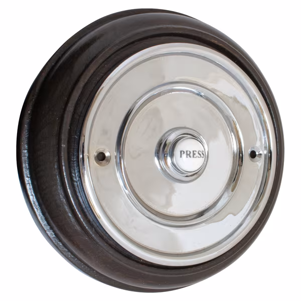 100mm Polished Chrome Bell Push Mounted on Dark Oak Plinth
