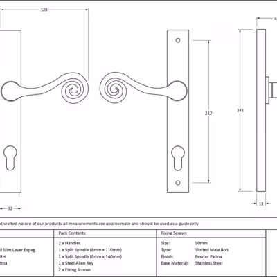 Pewter Monkeytail Slimline Lever Espag. Lock Set - RH - Image 3