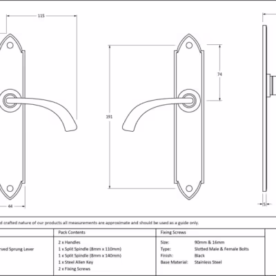 Black Gothic Curved Sprung Lever Latch Set - Image 2
