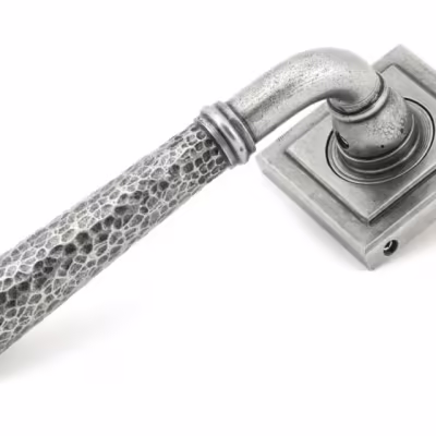 Pewter Hammered Newbury Lever on Rose Set (Square)
