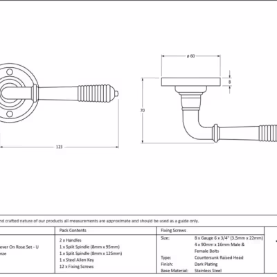 Aged Bronze Reeded Lever on Rose Set - Unsprung - Image 5