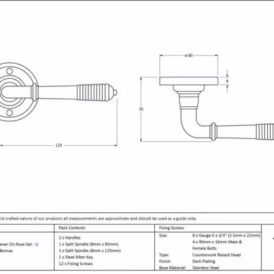 Polished Bronze Reeded Lever on Rose Set - Unsprung - Image 3