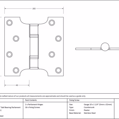 Pewter 4" x 2" x 4" Parliament Hinge (pair) ss - Image 3