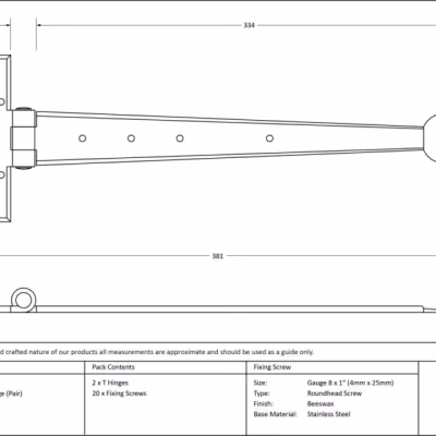 Beeswax 15" Penny End T Hinge (pair) - Image 3