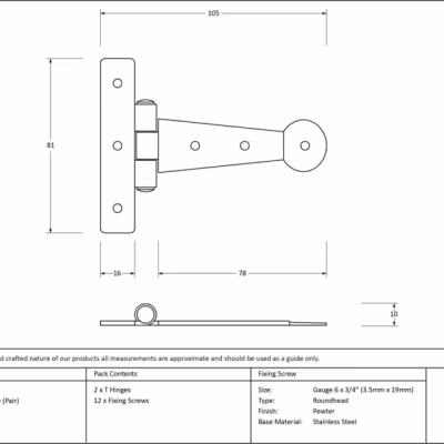 Pewter 4" Penny End T Hinge (pair) - Image 3
