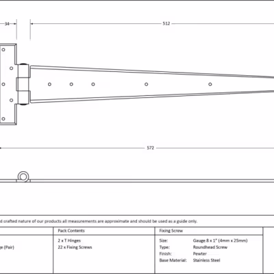 Pewter 22" Penny End T Hinge (pair) - Image 3