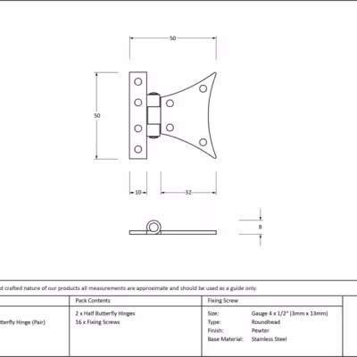 Pewter 2" Half Butterfly Hinge (pair) - Image 3