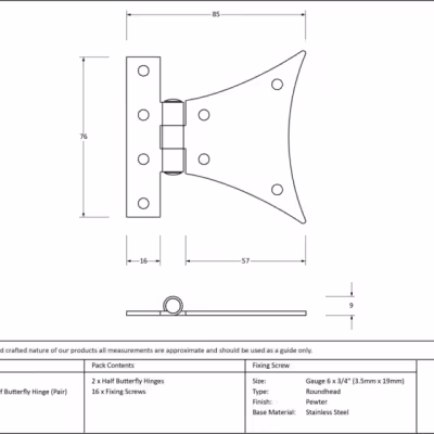 Pewter 3¼" Half Butterfly Hinge (pair) - Image 3