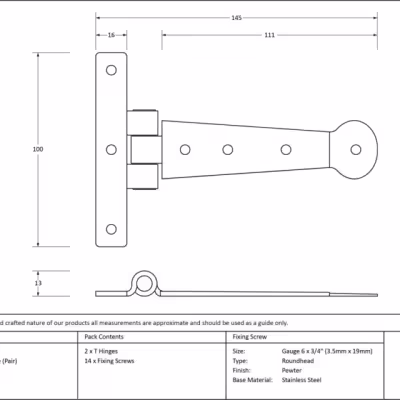 Pewter 6" Penny End T Hinge (pair) - Image 4