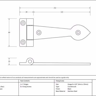 Black Textured 6" Cast T Hinge (pair) - Image 3