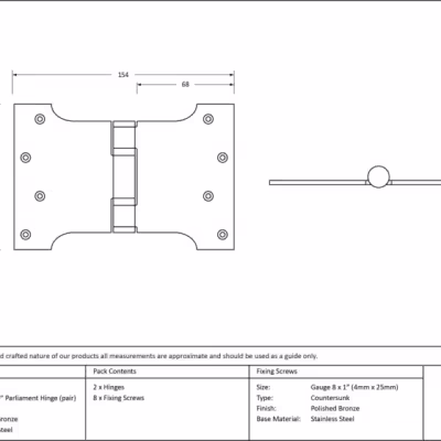 Polished Bronze 4" x 4" x 6" Parliament Hinge (pair) ss - Image 3