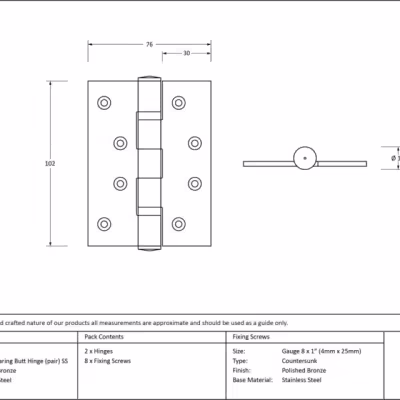 Polished Bronze 4" Ball Bearing Butt Hinge (pair) ss - Image 3