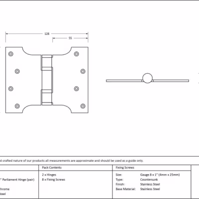 Polished Chrome 4" x 3" x 5" Parliament Hinge (pair) ss - Image 3