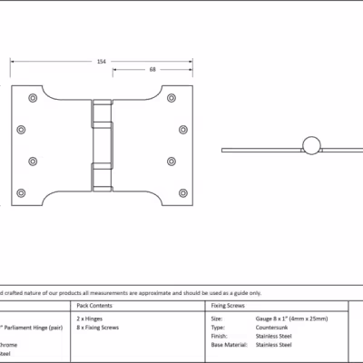 Polished Chrome 4" x 4" x 6" Parliament Hinge (pair) ss - Image 3