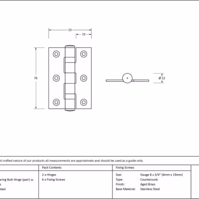 Aged Brass 3" Ball Bearing Butt Hinge (pair) ss - Image 3