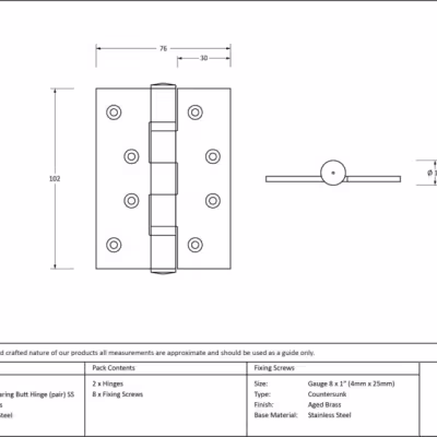 Aged Brass 4" Ball Bearing Butt Hinge (pair) ss - Image 3