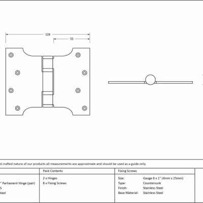Polished SS 4" x 3" x 5" Parliament Hinge (pair) - Image 3