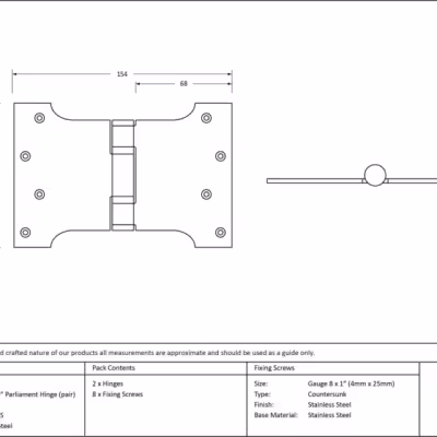 Polished SS 4" x 4" x 6" Parliament Hinge (pair) - Image 3