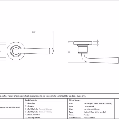 Pewter Avon Round Lever on Rose Set (Plain) - Unsprung - Image 4