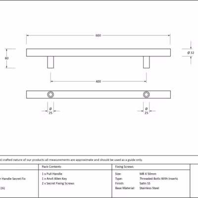 Satin SS (316) 0.6m T Bar Handle Secret Fix 32mm Ø - Image 4
