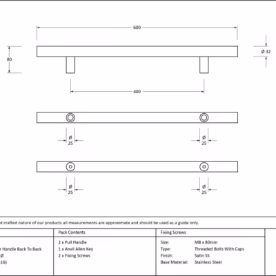 Satin SS (316) 0.6m T Bar Handle B2B Fix 32mm Ø - Image 5