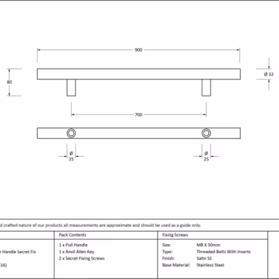 Satin SS (316) 0.9m T Bar Handle Secret Fix 32mm Ø - Image 4
