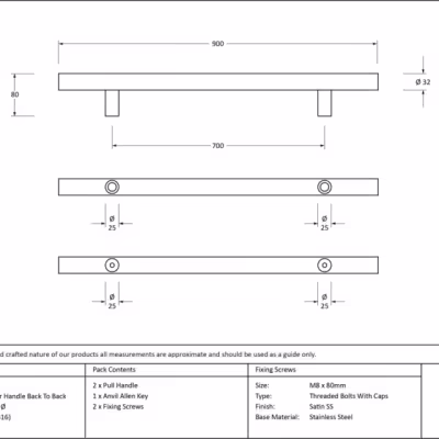 Satin SS (316) 0.9m T Bar Handle B2B Fix 32mm Ø - Image 4