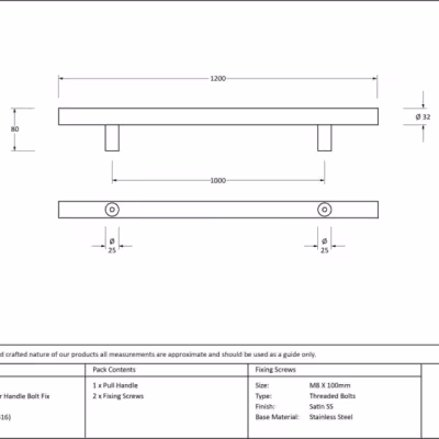 Satin SS (316) 1.2m T Bar Handle Bolt Fix 32mm Ø - Image 4