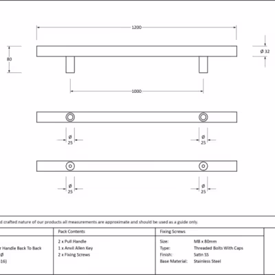 Satin SS (316) 1.2m T Bar Handle B2B Fix 32mm Ø - Image 5