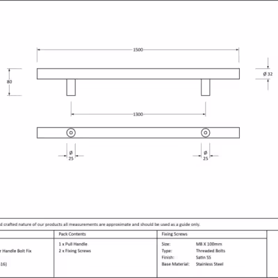 Satin SS (316) 1.5m T Bar Handle Bolt Fix 32mm Ø - Image 6