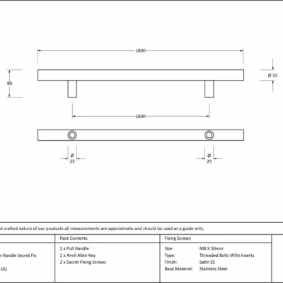 Satin SS (316) 1.8m T Bar Handle Secret Fix 32mm Ø - Image 5