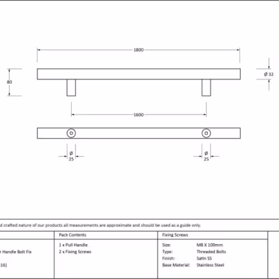 Satin SS (316) 1.8m T Bar Handle Bolt Fix 32mm Ø - Image 3