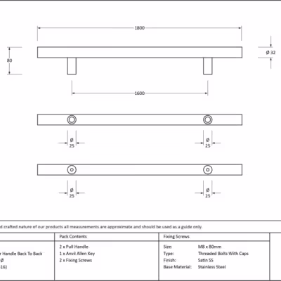 Satin SS (316) 1.8m T Bar Handle B2B Fix 32mm Ø - Image 3