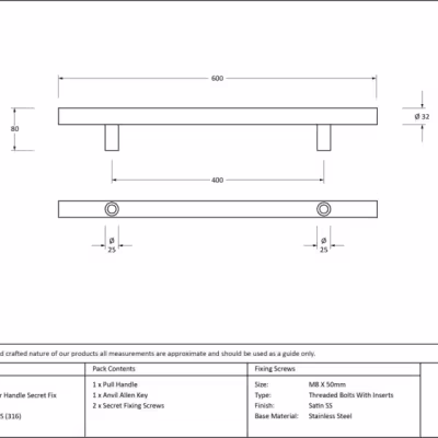 Polished SS (316) 0.6m T Bar Handle Secret Fix 32mm Ø - Image 4