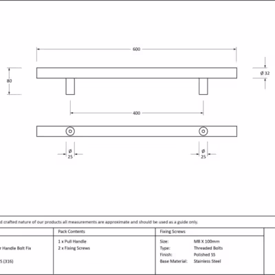 Polished SS (316) 0.6m T Bar Handle Bolt Fix 32mm Ø - Image 4