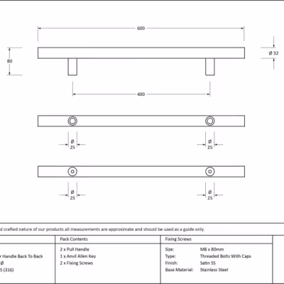 Polished SS (316) 0.6m T Bar Handle B2B Fix 32mm Ø - Image 4