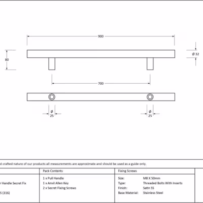 Polished SS (316) 0.9m T Bar Handle Secret Fix 32mm Ø - Image 4