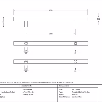Polished SS (316) 1.2m T Bar Handle B2B Fix 32mm Ø - Image 4