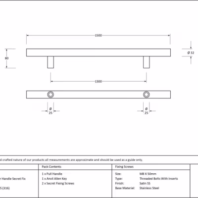 Polished SS (316) 1.5m T Bar Handle Secret Fix 32mm Ø - Image 5