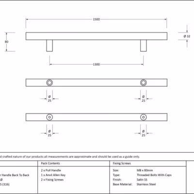 Polished SS (316) 1.5m T Bar Handle B2B Fix 32mm Ø - Image 4