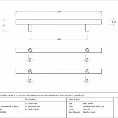 Polished SS (316) 1.8m T Bar Handle B2B Fix 32mm Ø - Image 4