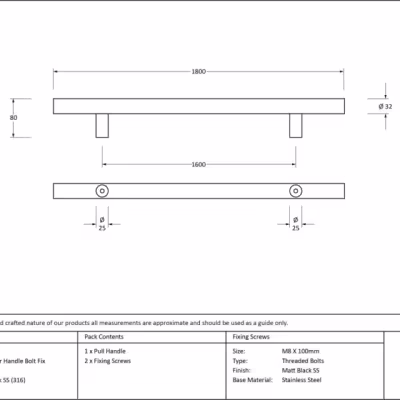 Matt Black SS (316) 1.8m T Bar Handle Bolt Fix 32mm Ø - Image 5