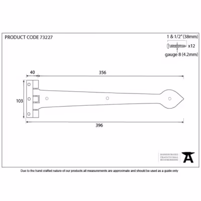 Black Smooth 16" Cast T Hinge (pair) - Image 3