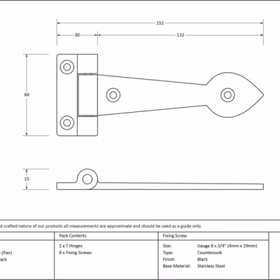 Black Smooth 6" Cast T Hinge (pair) - Image 3