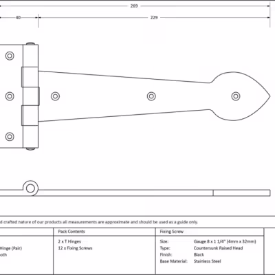 Black Smooth 10½" Cast T Hinge (pair) - Image 3