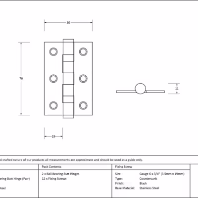 Black 3" Ball Bearing Butt Hinge (Pair) ss - Image 3